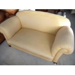 1930's re-upholstered drop end two seat sofa on mahogany supports (width 160cm)