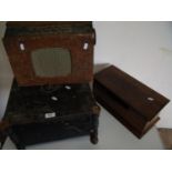 Early 20th C gramophone mechanism, a wooden post box and a early 20th C Ferranti radio