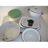 Box containing a selection of various enamel kitchenware including cake tins, casserole dishes etc