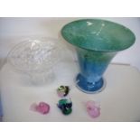 Cut crystal pedestal bowl, modern coloured glass vase and four coloured glass bird sculptures