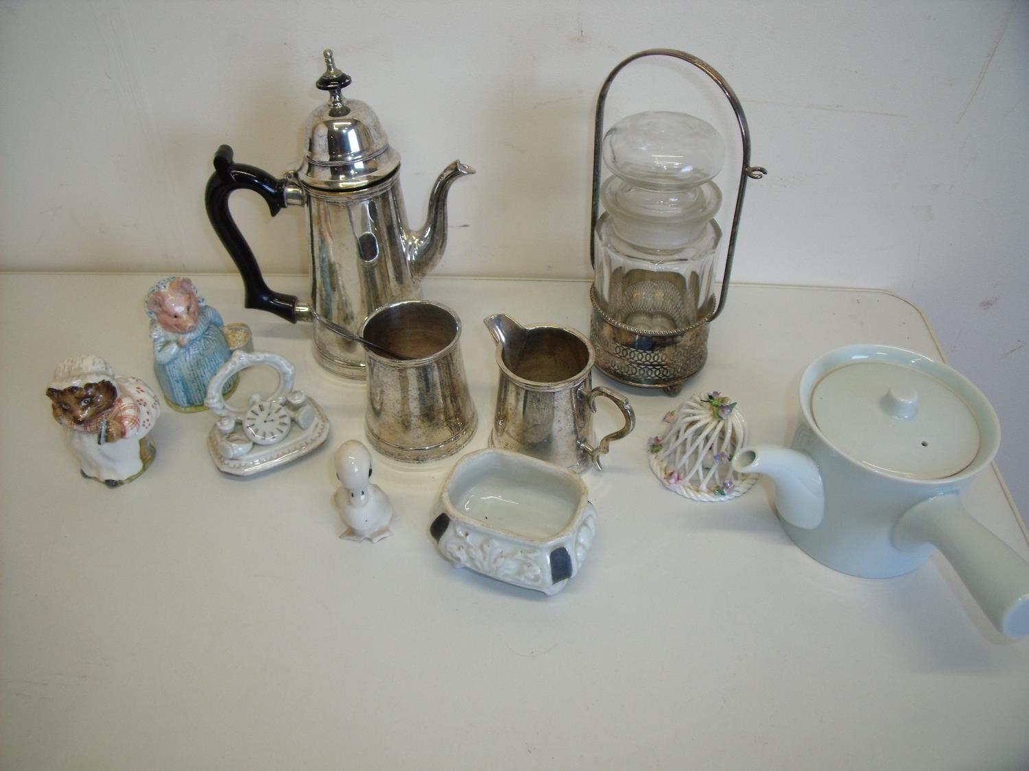 Silver plated coffee pot, preserve jar, ceramics etc including Beswick, Beatrix Potter figure Mrs