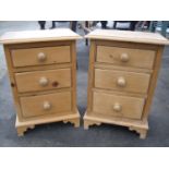 Pair of waxed pine three drawer bedside chests (47cm x 34cm x 66cm)