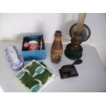 Oil lamp, press, Art Nouveau tiles and other items in one box