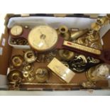 Large selection of brassware including candlesticks, clock, horse brasses on leathers etc in one box