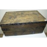 Early 20th C stained pine box with hinged top with wrought metal strap work detail and carrying