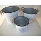 Set of three galvanised flower & garden, rope handle buckets of graduating sizes