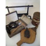 Oatmeal tin, fire bellows, large paint brush, wrought metal stand etc