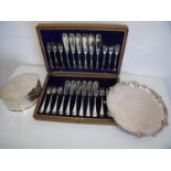 Early 20th C silver plated fish service with twelve place settings in oak case, a silver plated
