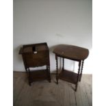 Early 20th C oak night stand/pot cupboard with barley twist supports and a similar side table