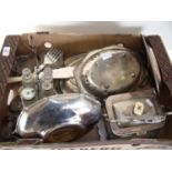 Large selection of various plated ware in one box including cruet set, tea set etc