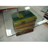 Pair of modern square glass top occasional tables with faux book supports (60cm x 60cm)