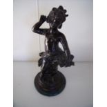 Early 20th C bronze style figure of a young girl with flower basket on turned marble base (40cm