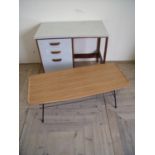 Mid 20th C desk with Formica top, two drawers & drop down door and a 1960s retro coffee table with