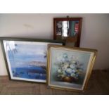 Still life oil painting signed Frederick, print After Raul Dufy and a mirror in pine frame