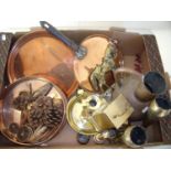 Selection of copper and brassware in one box including 19th C country house style pan lid, brass