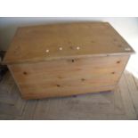 Victorian waxed pine blanket box with hinged top with internal tray and drawer, with twin carry