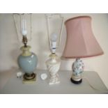 Carved alabaster table lamp and two ceramic table lamps (3)