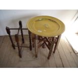 Folding brass top table with central lion & crest and another barley twist folding stand