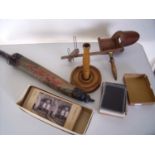 Oriental style paperwork parasol, a stereoscopic slide viewer on turned wood stand and a selection