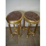 Pair of French 19th C style gilt wood oval occasional tables with inset marble panels, fluted