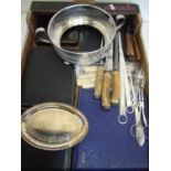 Silver plated flatware, meat skewers, carving set and other metal ware in one box