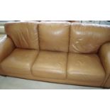 Tan leather three seat sofa (width 220cm)