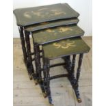 Unusual early - mid 20th C nest of four graduating oriental lacquered occasional tables with