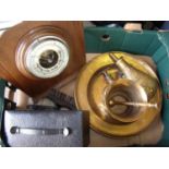 Large brass charger, pestle & mortar, powder flask, barometer etc in one box