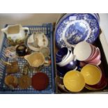 Harlequin type tea ware, blue & white seals and miscellanea in two boxes