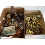 Large selection of mostly brassware, plated ware and other items in two boxes, including a pair of