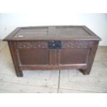 18th/19th C small oak coffer with hinged panel top revealing internal drawer with panelled and