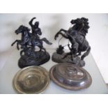 Two Victorian spelter figures on horseback, a silver plated baking tray and a silver plated dish