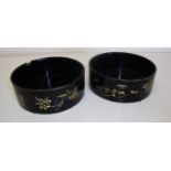 Pair of early 20th C lacquered bottle coasters with gilt work floral and butterfly detail (