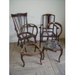 Two Victorian balloon back chairs with cabriole legs, a spindle back armchair and a Edwardian inlaid