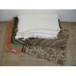 Mid 20th C rag rug, cream Habitat throw, a shaped edged quilt and a Bouton style rug