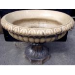 19th/20th C salt glazed oval garden urn with octagonal base (95cm x 70cm x 67cm)