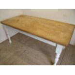 Pine refectory style table with painted base and turned supports (length 180cm)