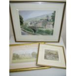 Watercolour of Swaledale from Marrick Moor by Nora Howard dated 88, a cricket print after K W Burton