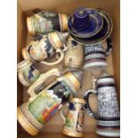 Box containing a selection of various assorted German style beer steins and other items