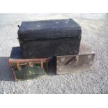 Stained pine tool type box with twin carrying handles, a vintage car luggage box and a canvas &