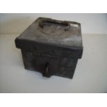 19th C steel strongbox with heavy swing handle and lock plate (17.5cm x 18cm x 14cm)