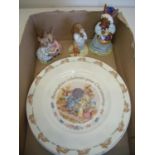 Two Royal Doulton Bunnykins Christening plates and three Doulton Bunnykins figures