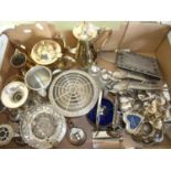 Box containing a large quantity of various silver plated and other items including a tea service,