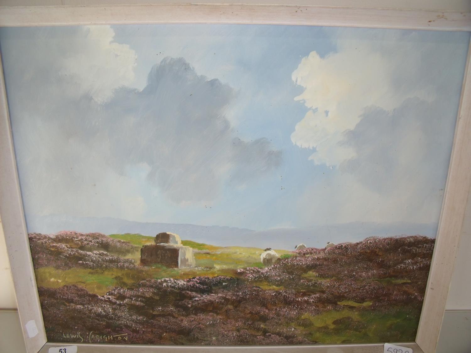 Framed Lewis Creighton oil on board of sheep in moorland scene (53cm x 43cm)