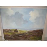 Framed Lewis Creighton oil on board of sheep in moorland scene (53cm x 43cm)