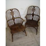 Pair of quality reproduction elm Windsor stick back armchairs with crinoline under stretcher and