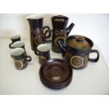 Denby Arabesque coffee and tea pots, four coffee cups & saucers and a large jug