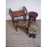 Early 20th C piano stool, oak stool, walnut footstool with tapestry top and a rustic made milking