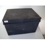 Black metal box with hinged top and swing carry handles with a small selection of tools