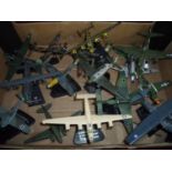 Box of various die-cast metal and plastic aircraft including B24 Liberator, B17 Flying Fortress, P51